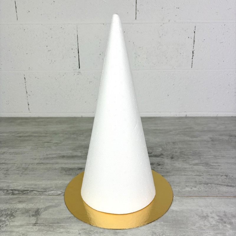 Cone en polystyrène Plein, Hauteur 40 cm, Diamètre de base 18 cm, Présentoir à macarons choux, plateau doré réversible
