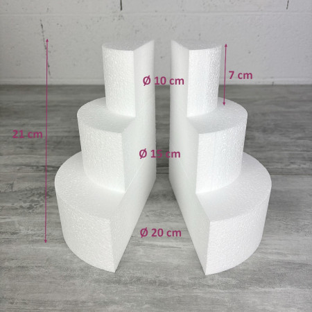 Petite Pièce montée en polystyrène coupée en 2 parties, Base Ø 20cm à 10cm, hauteur totale 21 cm, dummy pour gâteau Styropor