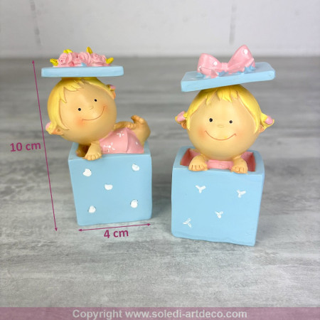 Set of 2 Babies in pink pajamas, in a blue box, 10 x 4 cm, small resin figurine baptism or baby shower