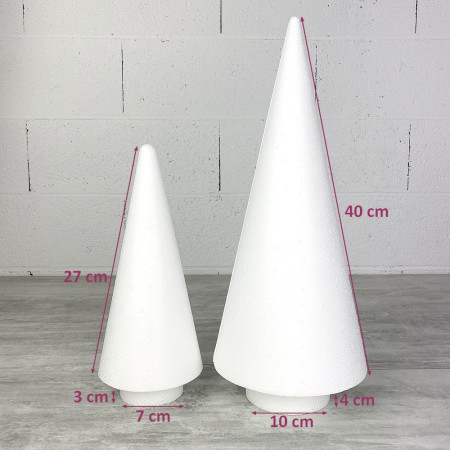 Lot de 2 Cônes en polystyrène à pied, h. 30 et 44 cm avec supports, sapins à décorer, macarons, choux