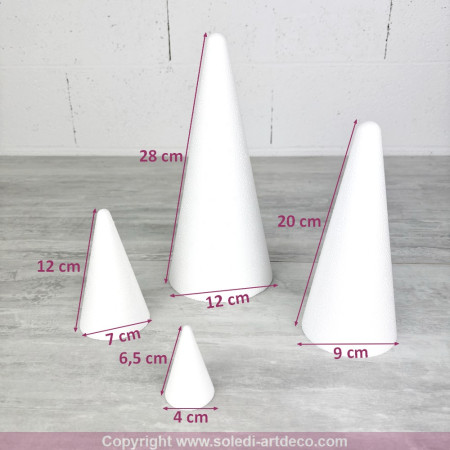 Lot de 4 cônes en polystyrène, hauteur 6,5 à 28 cm, 4 tailles différentes, à décorer