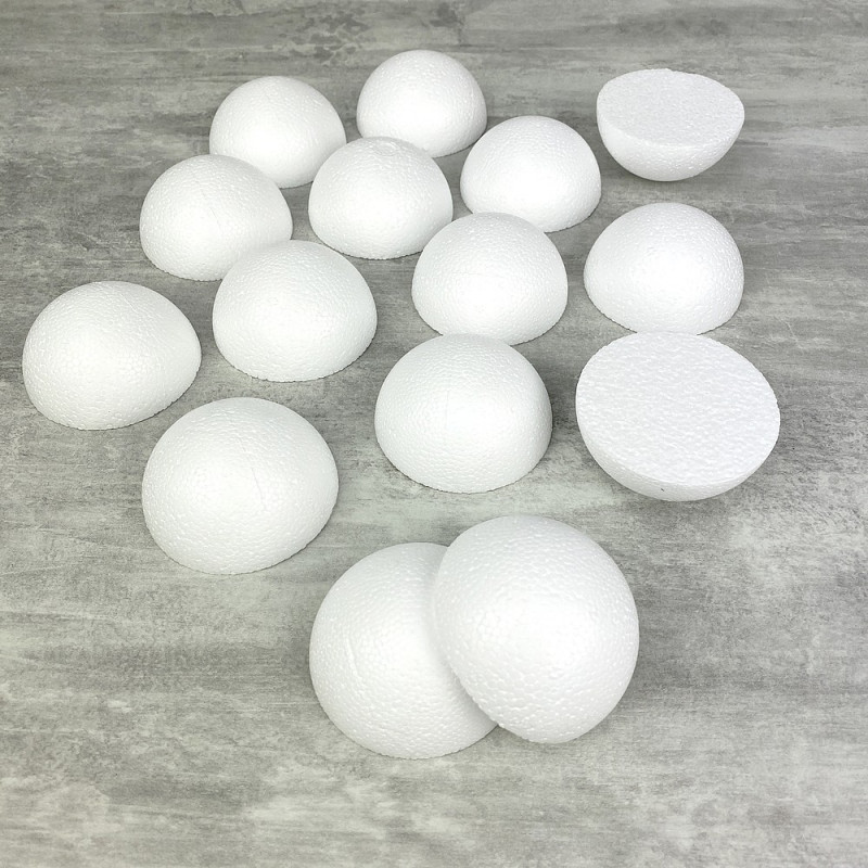 Lot 15 demi Boules polystyrène diamètre 6 cm, Dômes pleins en Styro blanc