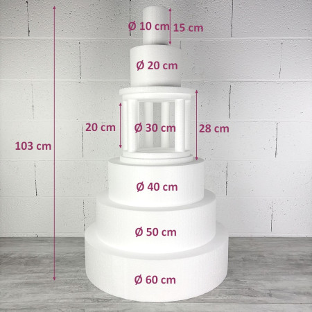 Pièce montée temple en polystyrène, Base Ø 60cm à 10cm, hauteur totale 103 cm, dummy pour gâteau Styropor