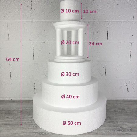 Pièce montée temple en polystyrène, Base Ø 50cm à 10cm, hauteur totale 64 cm, dummy pour gâteau Styropor