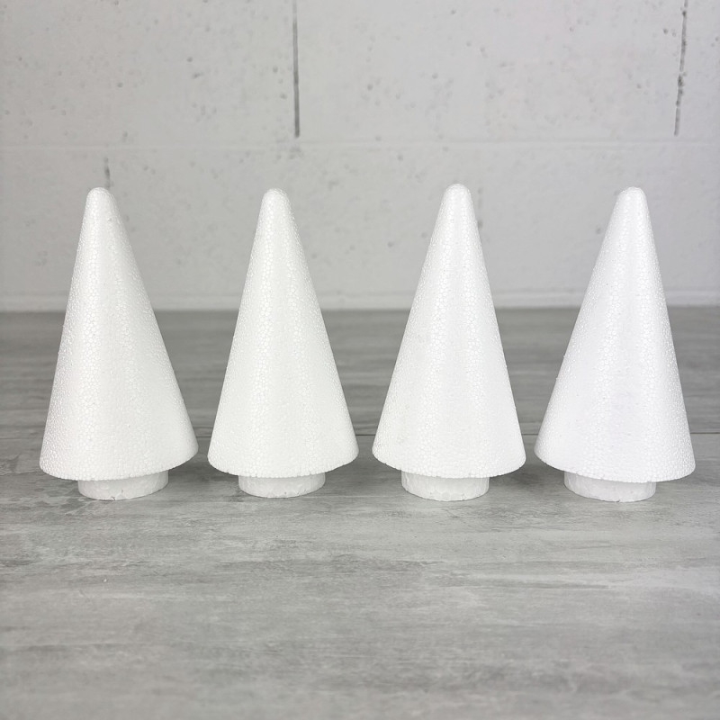 Lot de 4 Cônes en polystyrène à pied, h. 13,5 cm avec supports, base 4 cm, sapins à décorer, macarons, choux