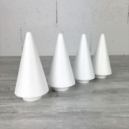 Lot de 4 Cônes en polystyrène à pied, h. 13,5 cm avec supports, base 4 cm, sapins à décorer, macarons, choux