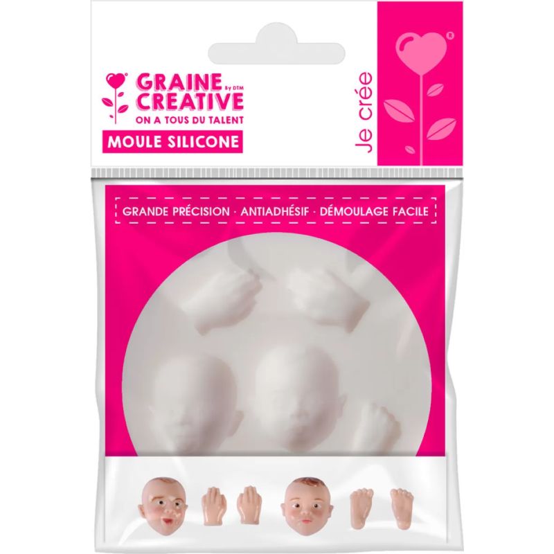 Moule 7cm en silicone, Pieds, Mains et Têtes de bébé, extra flexible pour pâte fimo polymère