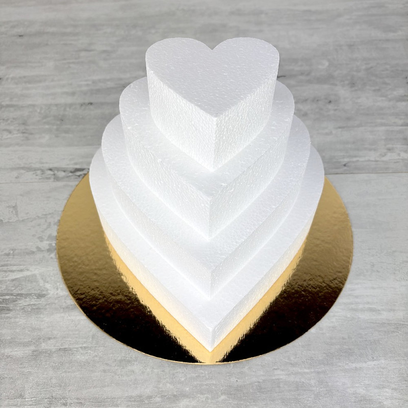 Kleine herzförmige Torte aus Styropor dummy, Höhe 20 cm, Basis Ø 25 cm bis 10 cm, umkehrbare goldene Platte
