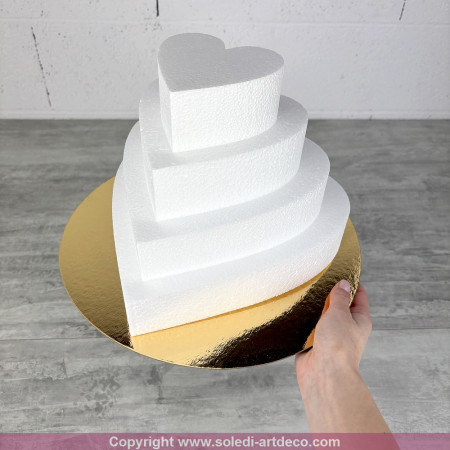 Petite pièce montée coeur en polystyrène, hauteur 20 cm, Base Ø 25cm à 10cm, , plateau doré réversible