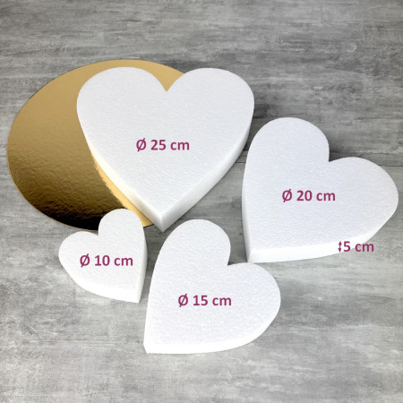 Petite pièce montée coeur en polystyrène, hauteur 20 cm, Base Ø 25cm à 10cm, , plateau doré réversible