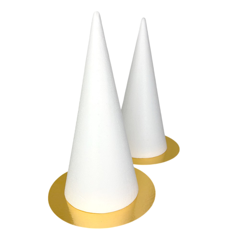 Lot de 2 Cones en polystyrène Plein, Hauteur 40 cm, Diamètre de base 18 cm, Présentoir à macarons, plateaux doré réversible