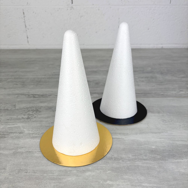 Lot de 2 Cones en polystyrène Plein, Hauteur 20 cm, Diamètre de base 9 cm, Présentoir à macarons, plateaux doré réversible