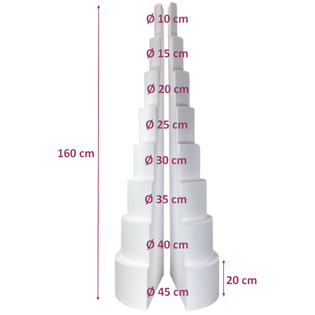 Pièce montée en polystyrène coupée en 2 parties, Hauteur 160 cm, Base Ø 45 cm à 10 cm, 8 étages