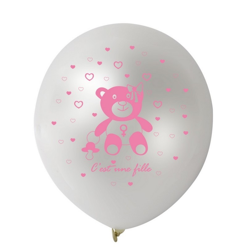 Lot de 8 Ballons de baudruche Blanc et Rose imprimé C'est une Fille, Diam. 28 cm