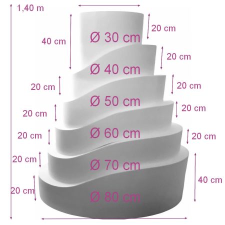Méga pièce Montée Vagues en polystyrène, Hauteur 1,40 mètre, Base 80 cm, wedding cake 6 étages