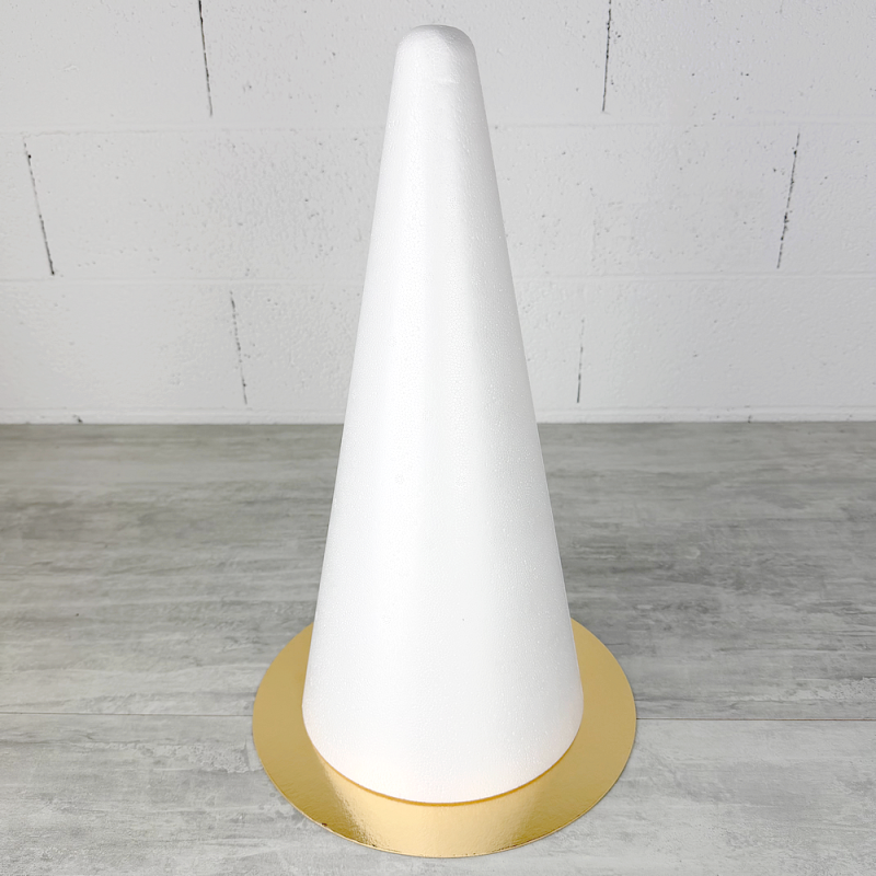 Cone en polystyrène Plein, Hauteur 50 cm, Diamètre de base 23 cm, Présentoir à macarons, choux, plateau doré réversible