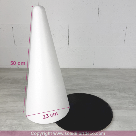 Cone en polystyrène Plein, Hauteur 50 cm, Diamètre de base 23 cm, Présentoir à macarons, choux, plateau doré réversible