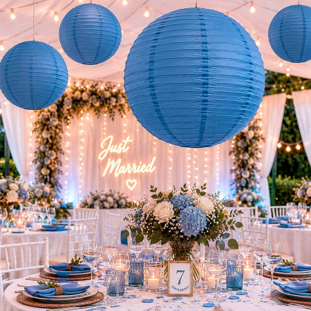 Grande Lanterne Japonaise Bleu moyen, Lampion boule Papier bleu jean, 50 cm, à suspendre