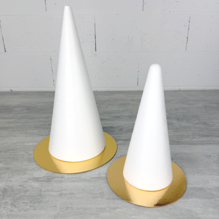 Lot de 2 Cones en polystyrène Plein, Hauteur 40 cm et 28 cm, Présentoirs à macarons, plateaux doré réversible