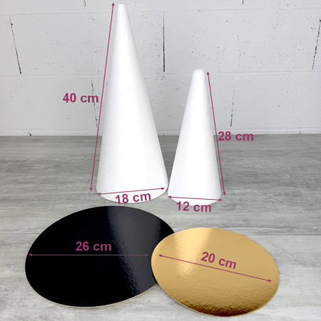 Lot de 2 Cones en polystyrène Plein, Hauteur 40 cm et 28 cm, Présentoirs à macarons, plateaux doré réversible