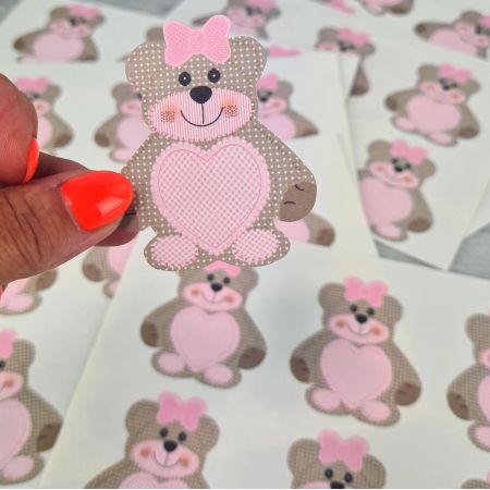 Planche de 12 marques places papier cartonné Teddy l'Ourson brun et coeur rose