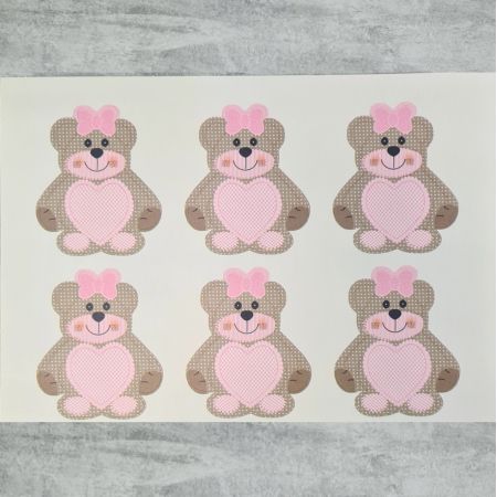 Blatt von 12 Marken Kartenvorrat Teddybär braun, rosa Herz