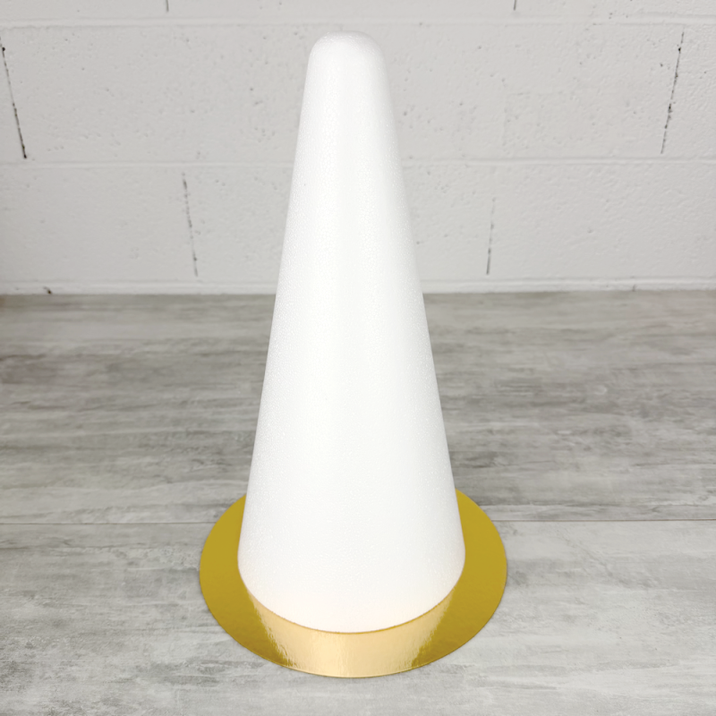 Cone en polystyrène Plein, Hauteur 40 cm, Diamètre base 19,5 cm, pointe large, support macarons, choux, plateau doré réversible