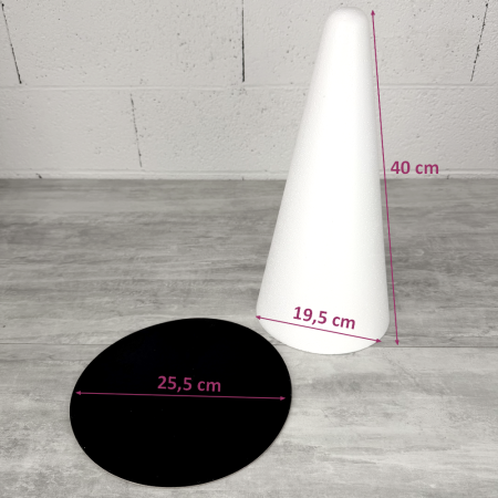 Cone en polystyrène Plein, Hauteur 40 cm, Diamètre base 19,5 cm, pointe large, support macarons, choux, plateau doré réversible