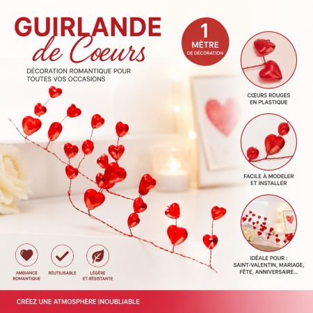 Guirlande de Cœurs en Plastique Rouge, Longueur 1 mètre – Décoration Saint-Valentin, Mariage, Fête