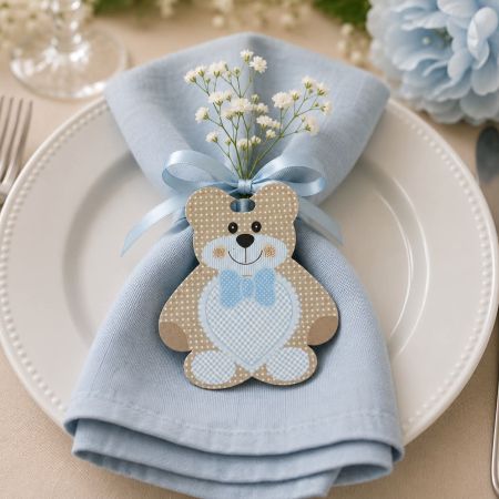 Planche de 12 marques places papier cartonné Teddy l'Ourson brun et coeur bleu, Haut 6x Larg. 5cm