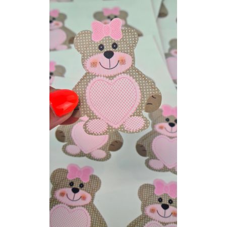 Planche de 12 marques places papier cartonné Teddy l'Ourson brun et coeur rose